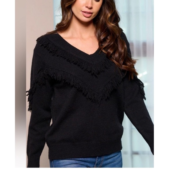Fringe Trim V Neck Sweater Pullover Knit Top Black Womens Fashion S M L - Picture 1 of 3